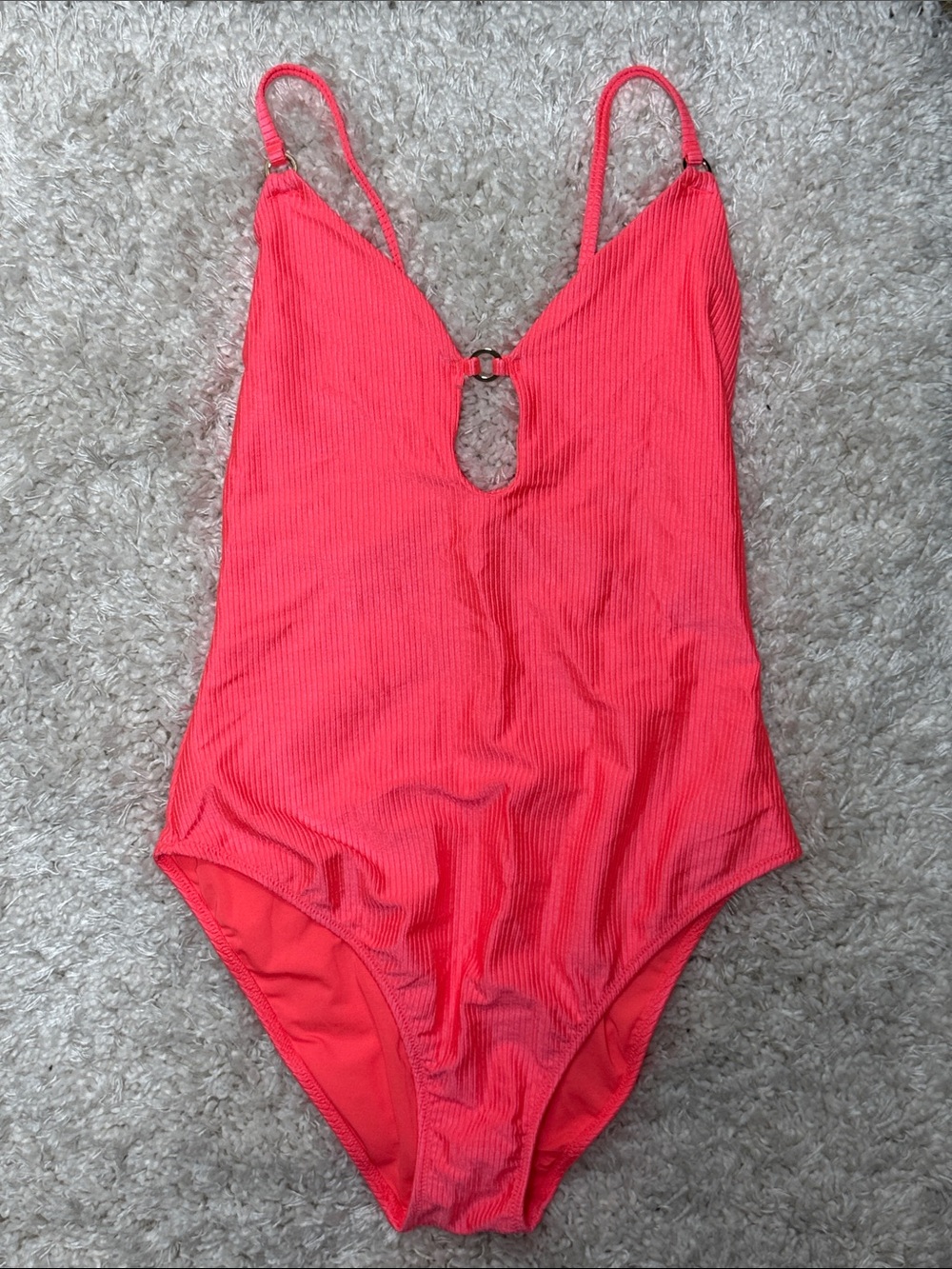 aerie Coral Ribbed One-Piece Swimsuit with Keyhole